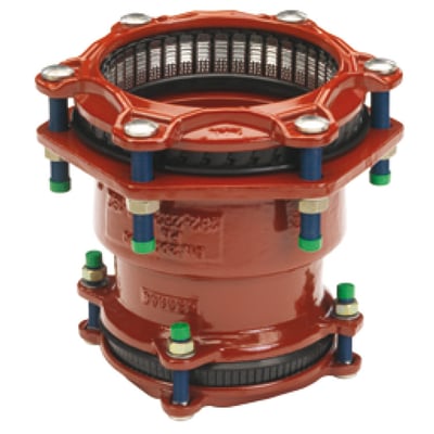 Georg Fischer MULTI/JOINT reduceret kobling, 84-105x104-132 mm, PN8, fremstillet i duktilt støbejern med rød epoxybelægning og NBR-pakning.