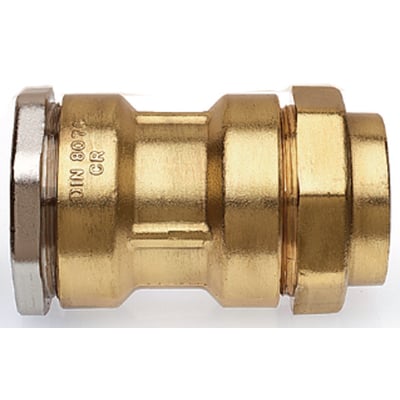 Nærbillede af Isiflo samlemuffe 34 x 32 mm, der viser messingmateriale, O-ring og gevinddetaljer, klar til rørkobling.