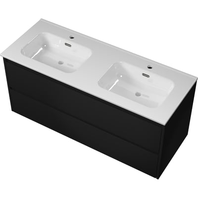 Sanibell Proline møbelsæt i matsort, 121 cm bredt, med hvid bordplade og to integrerede vaske med hanehuller.