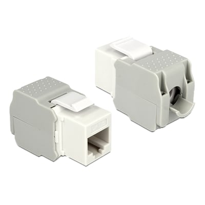 DeLock Keystone modul RJ45 Cat.6 UTP i hvid og grå. Viser både fronten med RJ45-port og bagsiden med LSA-tilslutning.