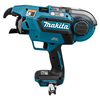 Makita bindemaskine DTR180ZJ 18V med fokus på det blå og sorte design og detaljer som børsteløs motor og trigger.
