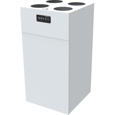 Dantherm HCV400E1 ventilationsaggregat med entalpiveksler og frontpanel, vist skråt forfra med runde lufttilslutninger på toppen.