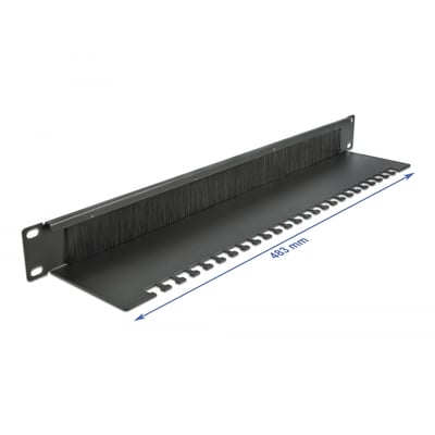 DeLock 19" kabelgennemføring med børsteliste og kabelstøtteplade, 1U, sort. Viser bredden på 483 mm og kabelorganiseringskroge.