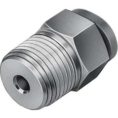 Festo lige forskruning QSM-1/8-6 med udvendig sekskant og gevind til tætning på skrue, grå metal.