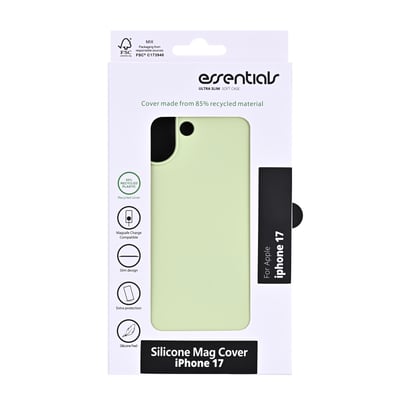 Emballage med salviegrønt silikonebagcover til iPhone 17, vist forfra med kameraåbning og Mag-betegnelse.