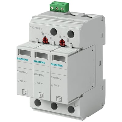 Siemens 3-polet overspændingsafleder type 2, model 5SD7, med stikbare moduler og grøn terminalblok.