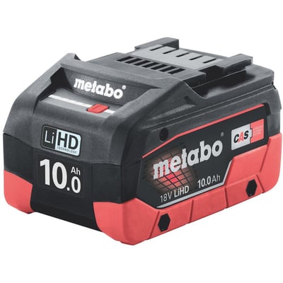Nærbillede af Metabo 18V 10.0 Ah LiHD batteri, viser detaljer på mærkning og LiHD teknologi med CAS logo.