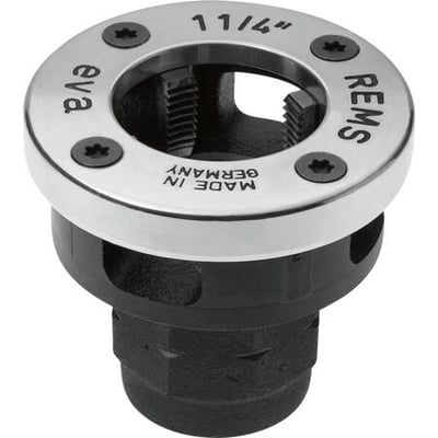 Rems Eva gevindskærehoved med 3/8" bakker, der viser den hvide ring med sort tekst og de synlige gevindskærebakker indeni.