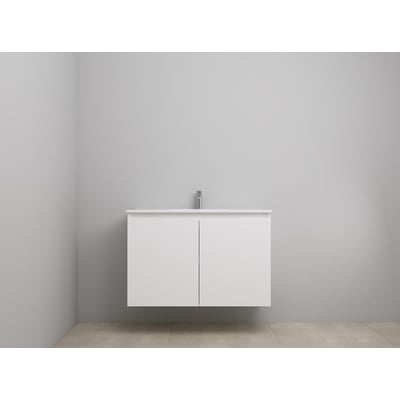 Sanibell Online usamlet møbelsæt i mathvid, 101x46 cm, med porcelænsvask og to fronter med skjult greb.