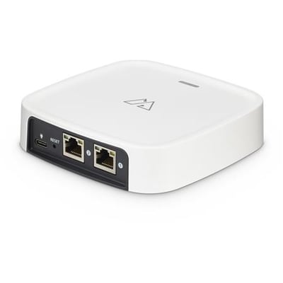 Lumitech-gateway til L-SENSE BT- og EA-armaturer med afrundet hvidt kabinet og synlige tilslutningsporte foran.