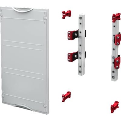 Rittal NH-sikringslistemoduler SV vist med en lukket grå kabinetdør til venstre og monteringsdele med røde klemmer til højre.