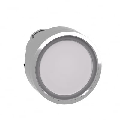 Schneider Electric ZB4 lampetrykhoved med hvid LED og krombelagt metalring, 22 mm diameter, isoleret på hvid baggrund.