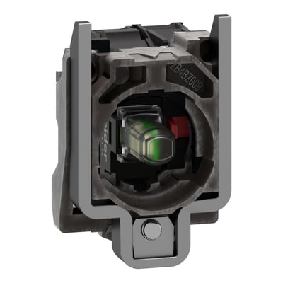 Nærbillede af Schneider Electric Harmony XB4 lysblok med metalkrop, viser LED'en og 1 x NC kontakt detaljer.