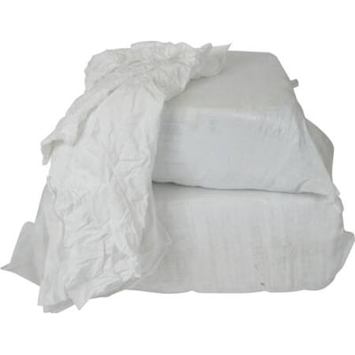 To bunker af hvide bomuldslinnedklude pakket i hvid plastemballage, der bruges til aftørring i industrien.