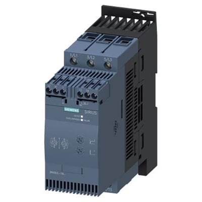 Siemens SIRIUS softstarter størrelse S2, 63A, 30kW, med skrueterminaler og integreret by-pass kontaktor på isoleret baggrund.