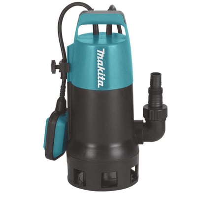 Makita PF1010 dykpumpe vist fra siden, med fokus på udløbsstudsen og den vertikale krop af pumpen i blå og sort.