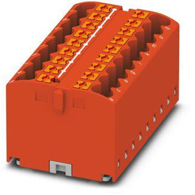 Phoenix Contact Ptfix 18X2,5 RD fordelerblok i orange plast med 18 tilslutningspunkter og nummerering op til 10. Den har et kompakt design til elektriske installationer.