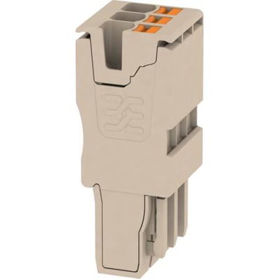 Weidmüller APG 2.5/3 stik i beige med PUSH IN teknologi og 3 orange fjederterminaler på hvid baggrund.