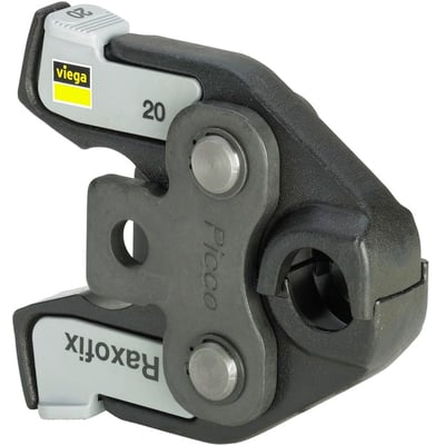 Viega presbakke til 20mm rør, fremstillet af fosfateret stål med 'Picco' og 'Raxofix' mærkning.