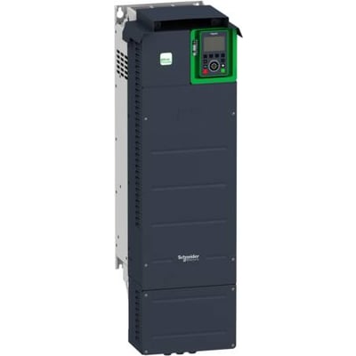 Schneider Electric frekvensomformer ATV930, 90kW, 3x400V, IP21, uden bremseenhed. Mørkeblå kabinet med grønt kontrolpanel.