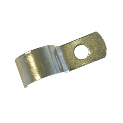 En enkelt metal kabelbøjle på 13mm med 1-lap og monteringshul, isoleret på hvid baggrund.