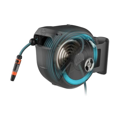 Gardena RollUp vægslangeboks i turkis med 30m slange, vist med gennemsigtig side der viser den automatiske oprulningsmekanisme og slangeføring.