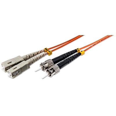 Duplex fiberoptisk patchkabel på 2 meter med orange LSZH-kappe, viser SC/PC og ST/PC konnektorer.