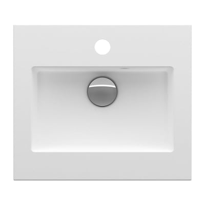 INR Viskan håndvask i mat hvid porcelæn med rene, firkantede linjer og en slank profil, viser hanehul og afløb.