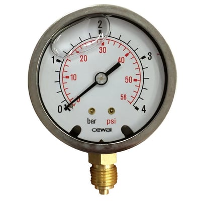 Glycerinfyldt manometer med 63mm husdiameter og 1/4" gevind, der måler tryk op til 4 kg eller 58 psi.