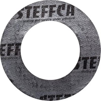 Flangepakning i grafit med stålindlæg, 142-90 mm og PN40, vist som en grå ring med trykt tekst.