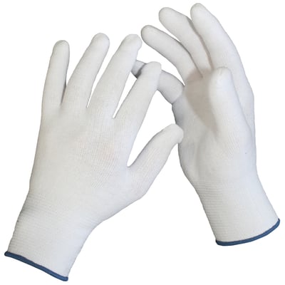 Et par hvide, uforede bomuldshandsker i størrelse 9 med blå kant ved ribkraven, isoleret på hvid baggrund.