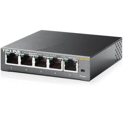 TP-Link TL-SG105E netværksswitch i gråt metalkabinet med fem RJ45-porte, set skråt forfra.