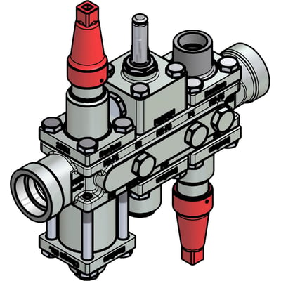 Danfoss ICF 20-6-90 ventilstation i stål med grå ZnCr04 belægning, 32 mm svejsestuds og røde beskyttelseshætter.