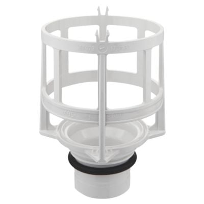 Grohe hvidt ventilsæde til indmad med sort gummiring, klar til reparation af toilet eller VVS-installation.