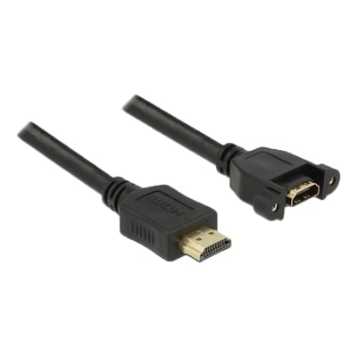 Sort Delock HDMI-kabel på 2 meter med HDMI-A-hanstik og panelmonteret HDMI-A-hunport med skrueører.