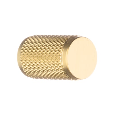 Knop fra Beslagsboden i børstet messing, Ø17 mm, med rund front og riflet greb set skråt fra siden.