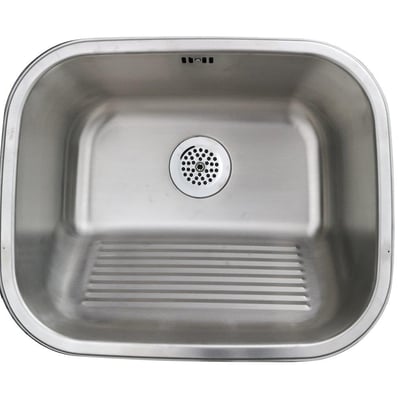 Top view af Intra Juvel vaskekar i rustfrit stål, med afløbshul og rillede tørreområde i et sterilt miljø.