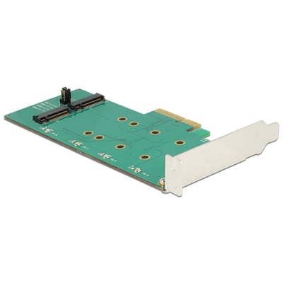 DeLock 89536 PCI Express-kort i grøn udformning med to interne M.2-tilslutninger og Low Profile-beslag.