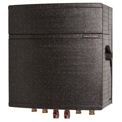 Gemina Termix fjernvarmeunit VMTD-2 opb Holstebro-Struer med ECL, vist udefra med sort isolering og synlige tilslutninger.