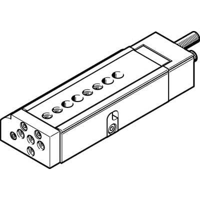 Festo minislæde DGSL-8-50-Y3A med 50mm slaglængde og præcis kugleføring, viser monteringshuller og stik. Fremstår som en teknisk tegning.