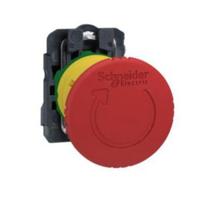Schneider Electric nødstop komplet, rød Ø40 mm tryk/drej med 1xNC kontakt og indgraveret dreje-pil.