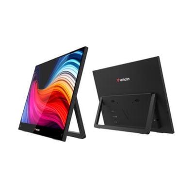 Verbatim LIGHT Series 15.6" FHD touchskærm, bærbar skærm vist fra to vinkler med abstrakt farverigt tapet på skærmen.