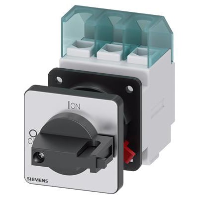 Siemens 3-polet hovedafbryder på 32 A med sort drejegreb og gennemsigtigt dæksel over tilslutningerne.