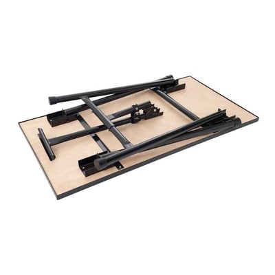 Ironside foldbart arbejdsbord med 30 mm bordplade i laminatbøg, vist med de sorte ben foldet ind under bordet.