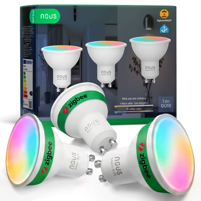 Nous P8Z GU10-smartpærer med farveskift vises foran emballagen, der fremhæver Zigbee og en pakke med tre pærer.
