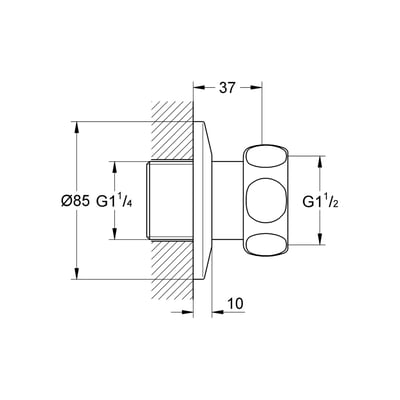 Teknisk tegning af Grohe tilgangsforskruning, viser dimensioner som G1 1/4" og G1 1/2" samt andre mål.