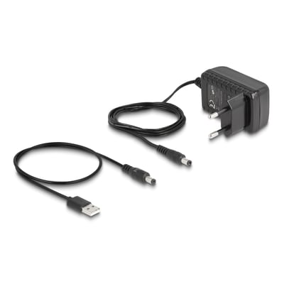 Strømforsyning og kabel til DeLock HDMI UHD-splitter med én indgang og fire udgange.