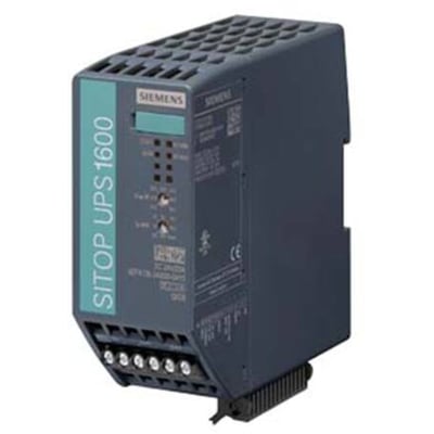 Siemens Sitop DCUPS1600 nødstrømsforsyning med 24 V/20 A DC output, vist på hvid baggrund.