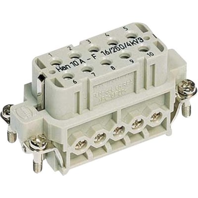 Detaljeret billede af Harting Han 10A-F stikindsatsens bagside, der viser de 10 skrueterminaler til ledningsføring.