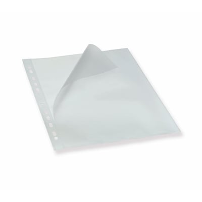 Bantex A4 plastlomme med åben top og venstre side, 0,12mm tykkelse og præget overflade, solgt i 100-pak.